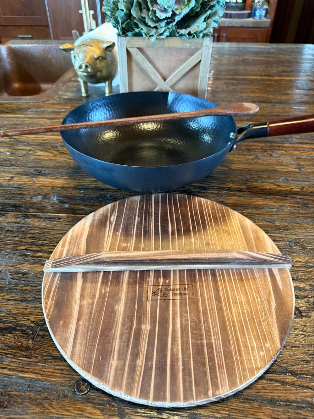 Souped Up Recipes Brand Carbon Steel Wok with Wooden Lid and Spoon
